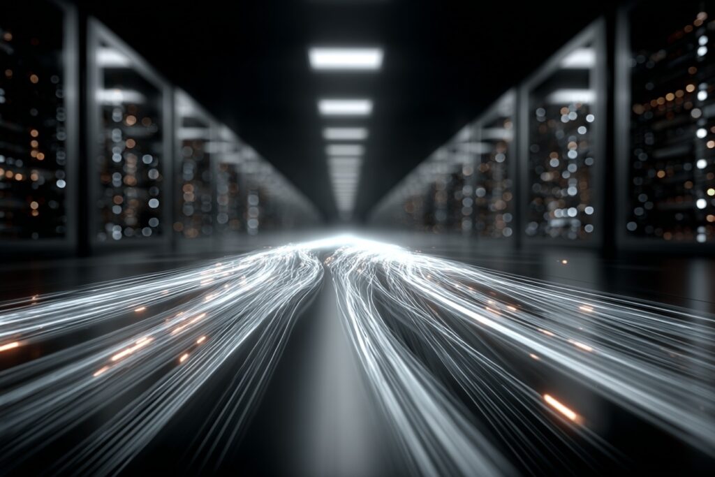 Visual representation of fast SQL server performance after Microsoft Access database migration, with data streams accelerating through a server room